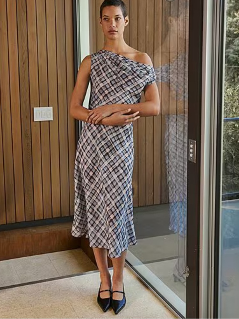 Lucy Paris One-Shoulder Plaid Midi Dress in Blue and White